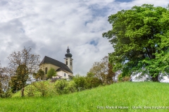 Blick zur Kirche Maria Himmelfahrt auf dem Plateau des Kirchberges, rechts der vorgelagerte Wall.