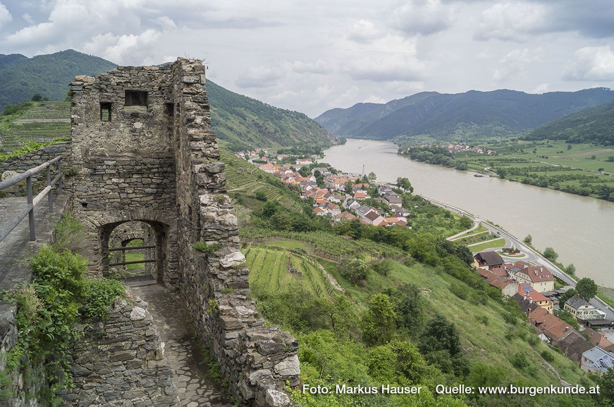 Vom Palas aus hat man einen ganz guten Blick über das zur Donau hin abfallende Gelände. Hier wurden offenbar Vorwerke des Mittelalters durch Weinbauterrassen überbaut.