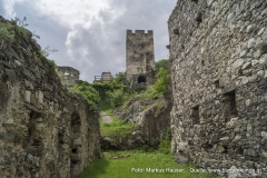 Blick durch das ehemalige Stallgebäude zum Bergfried der Ruine Hinterhaus.