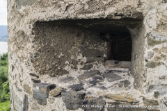 Die trichterförmigen Schießscharten des Rundturmes an der Südspitze der Ruine Hinterhaus.