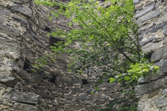 Der Rundturm an der Bergseite der Ruine Hinterhaus. Zum Innenhof hin völlig offen und zinnengekrönt.