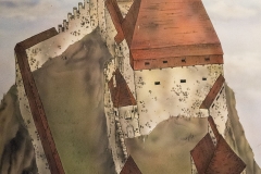 Rekonstruktionsversuch der mittelalterlichen Ruine Hinterhaus. Im Bild die Hauptburg mit dem Palas samt hohem Dach und dem dahinter befindlichen Bergfried.