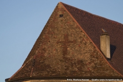 Das Dach zeigt an der stromaufwärts zeigenden Westseite durch die Art und Lage der Schindeln ein Kreuz.